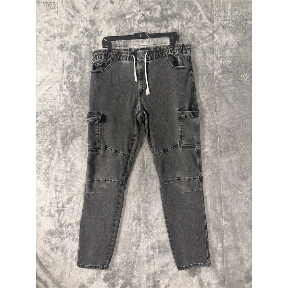 Smoke & Ash Premium Denim Mens Cargo Jogger Pants Wash Black Slim Fit Drawstring